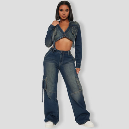 Cool Chick Denim Pant Set - Dark Wash