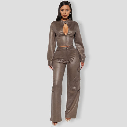 Cool Day Faux Suede Pant Set - Olive