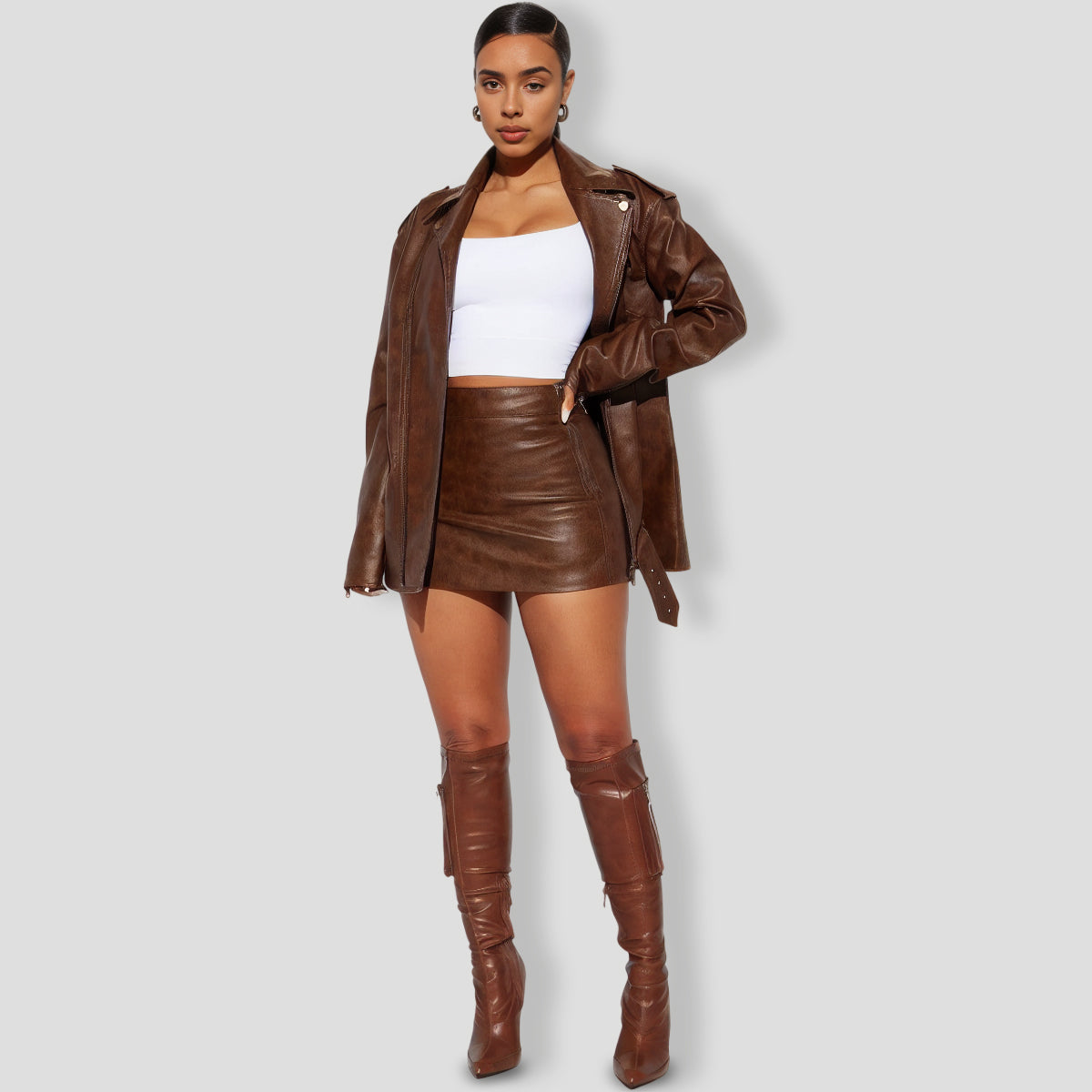 Crossin' Paths Faux Leather Skirt Set - Brown
