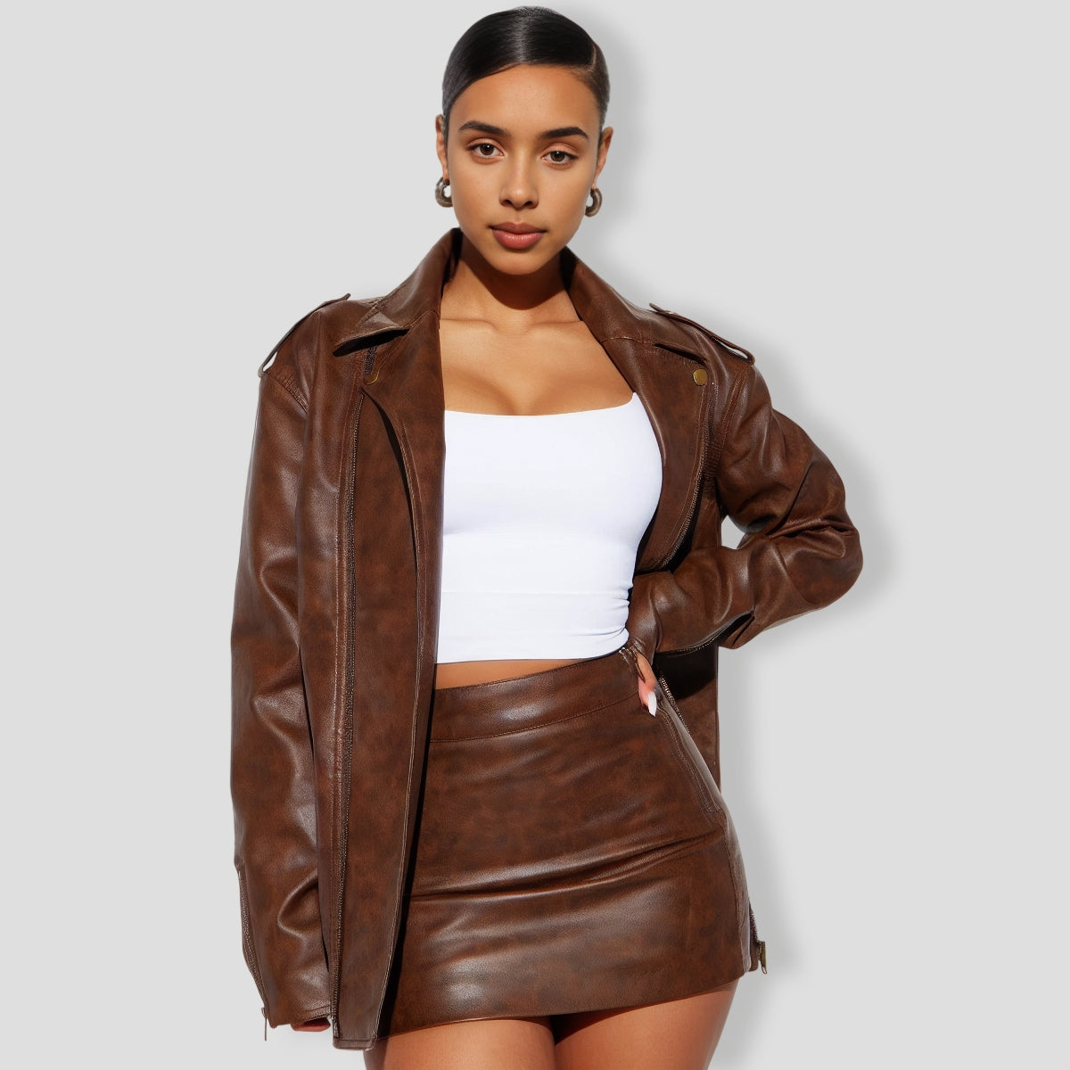 Crossin' Paths Faux Leather Skirt Set - Brown
