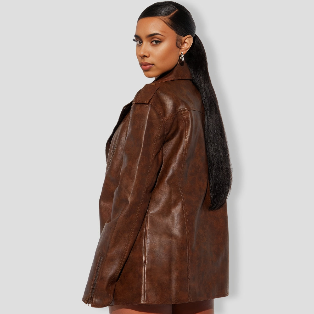 Crossin' Paths Faux Leather Skirt Set - Brown