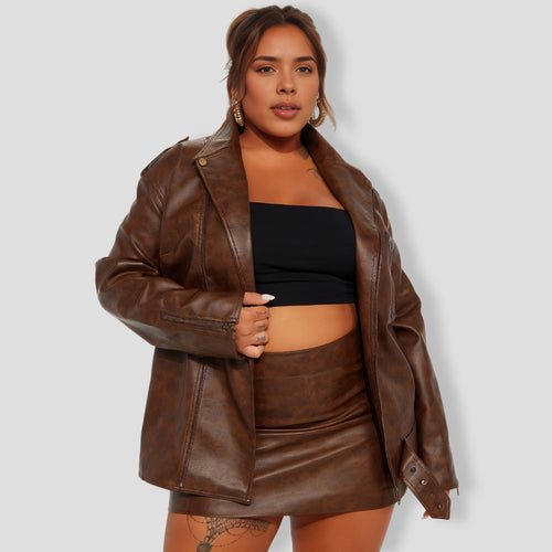 Crossin' Paths Faux Leather Skirt Set - Brown