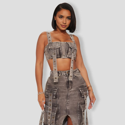 Up Denim Skirt Set - Black