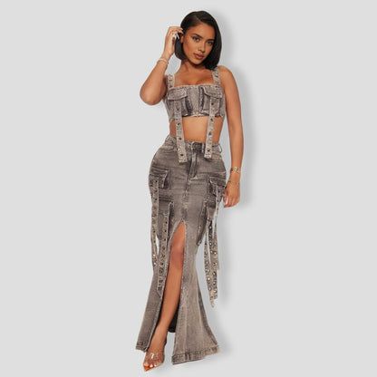 Up Denim Skirt Set - Black