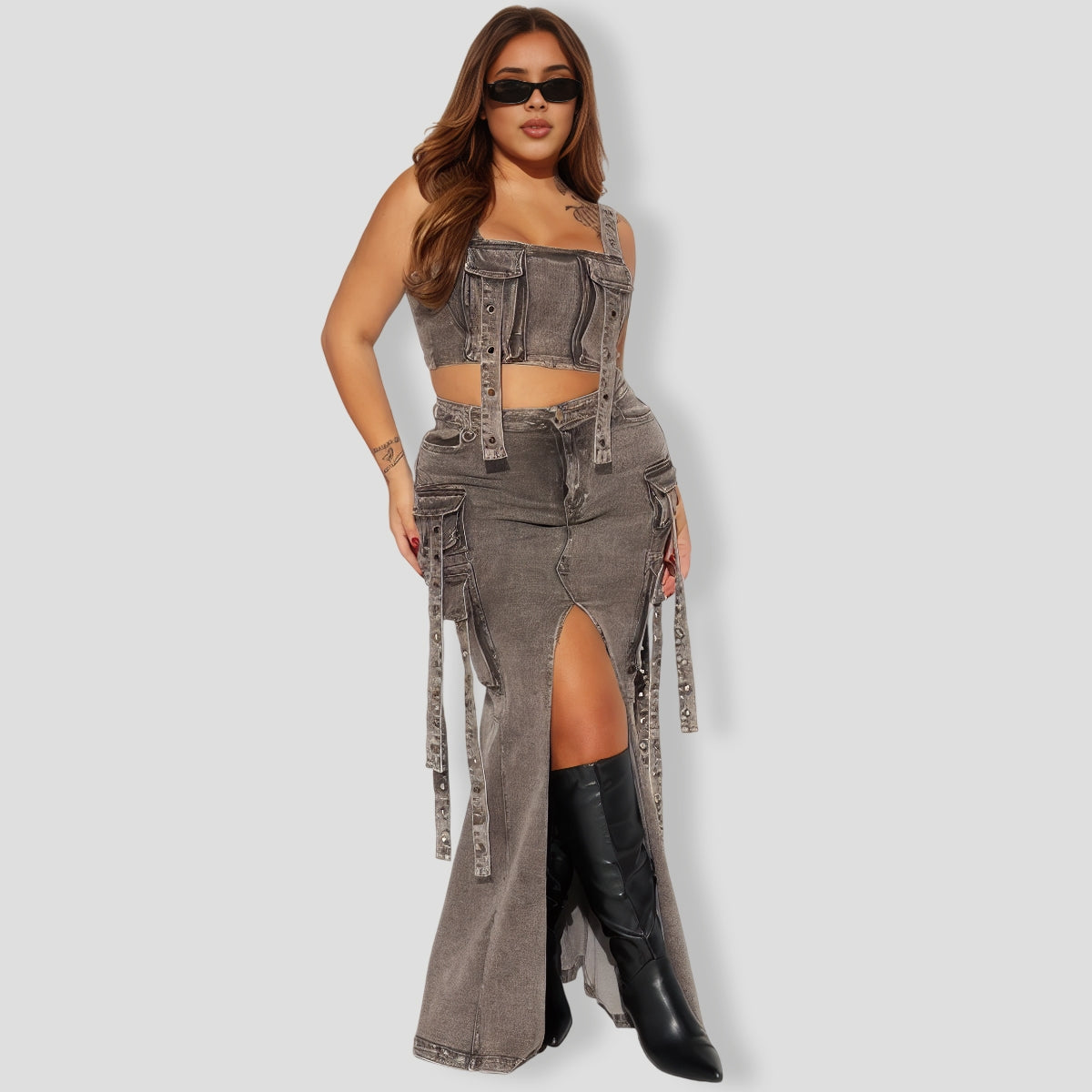 Up Denim Skirt Set - Black