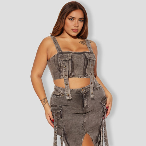 Up Denim Skirt Set - Black