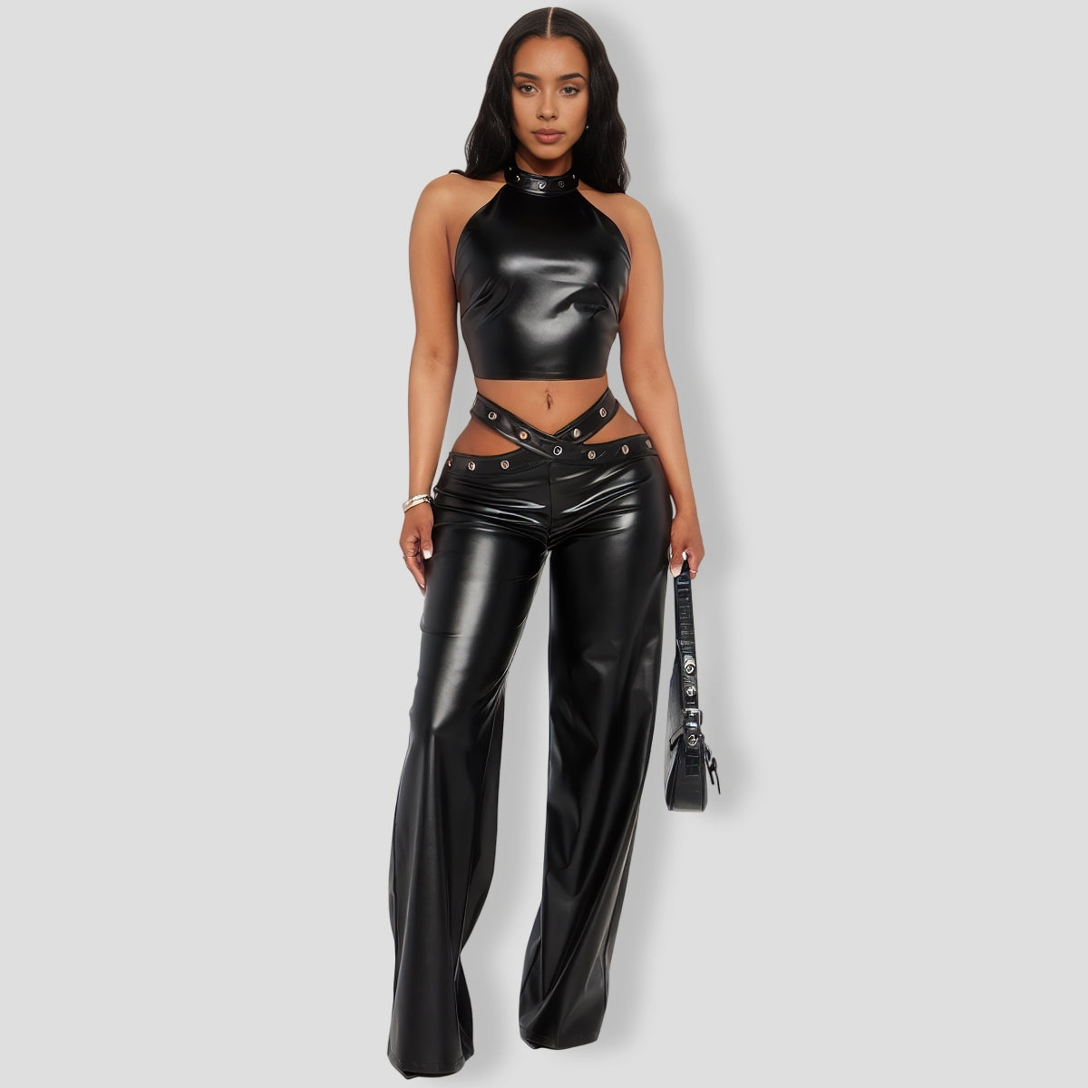 Danger Ahead Faux Leather Pant Set - Black