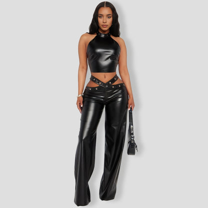 Danger Ahead Faux Leather Pant Set - Black