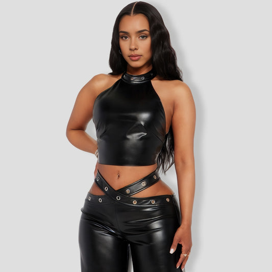 Danger Ahead Faux Leather Pant Set - Black