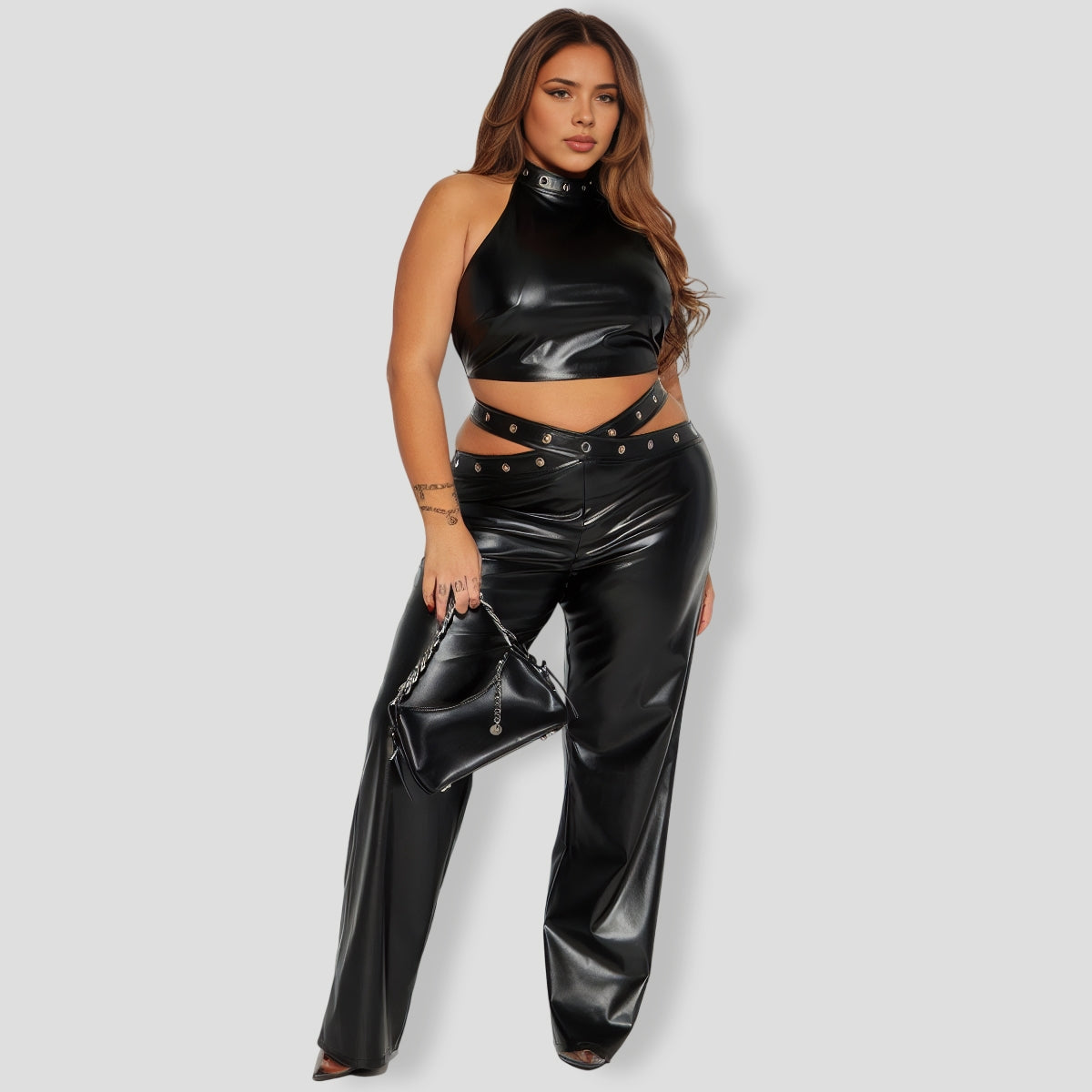 Danger Ahead Faux Leather Pant Set - Black