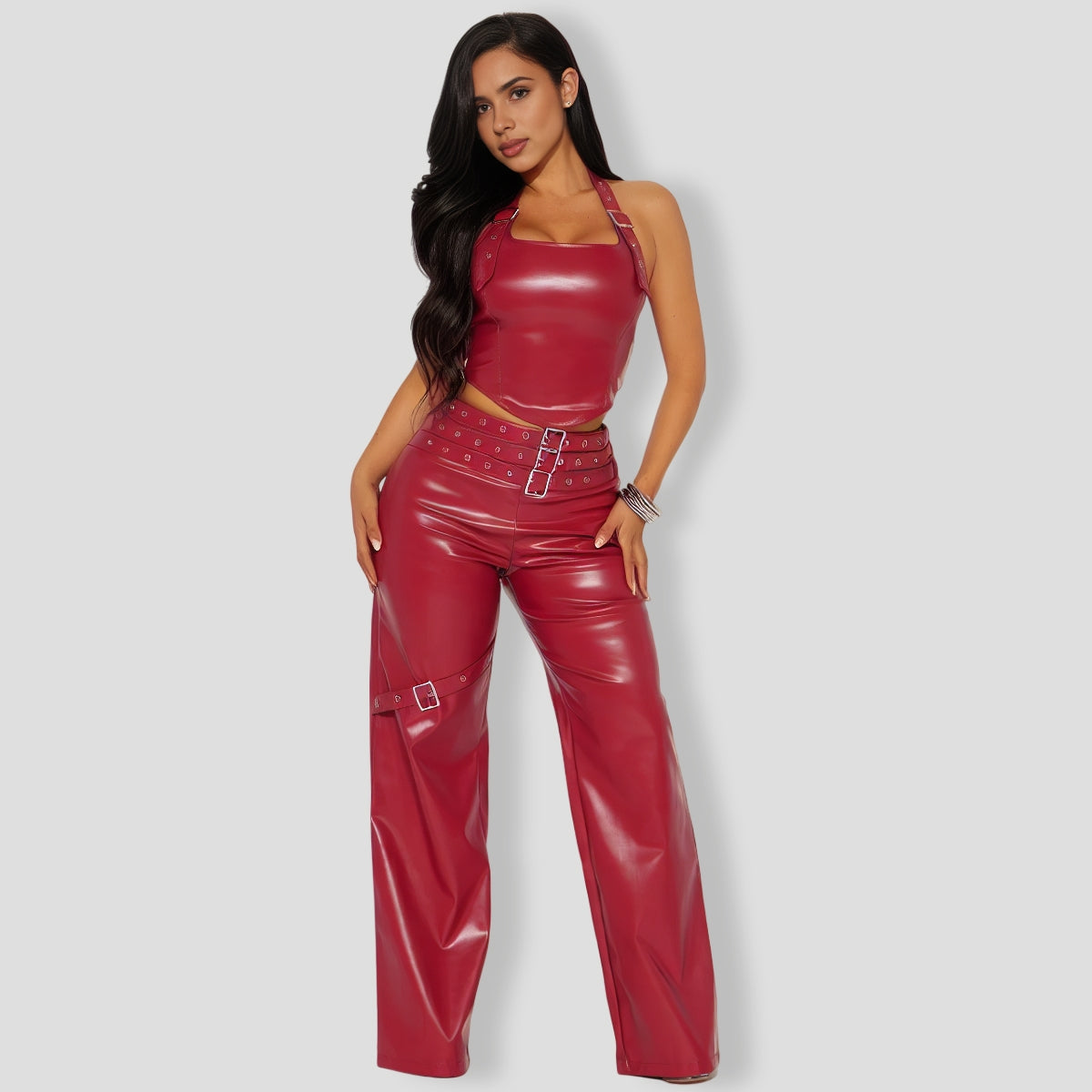 ebel Faux Leather Pant Set - Red