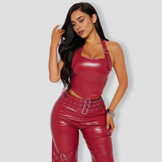 ebel Faux Leather Pant Set - Red