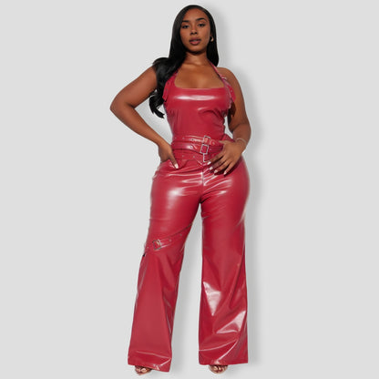 ebel Faux Leather Pant Set - Red