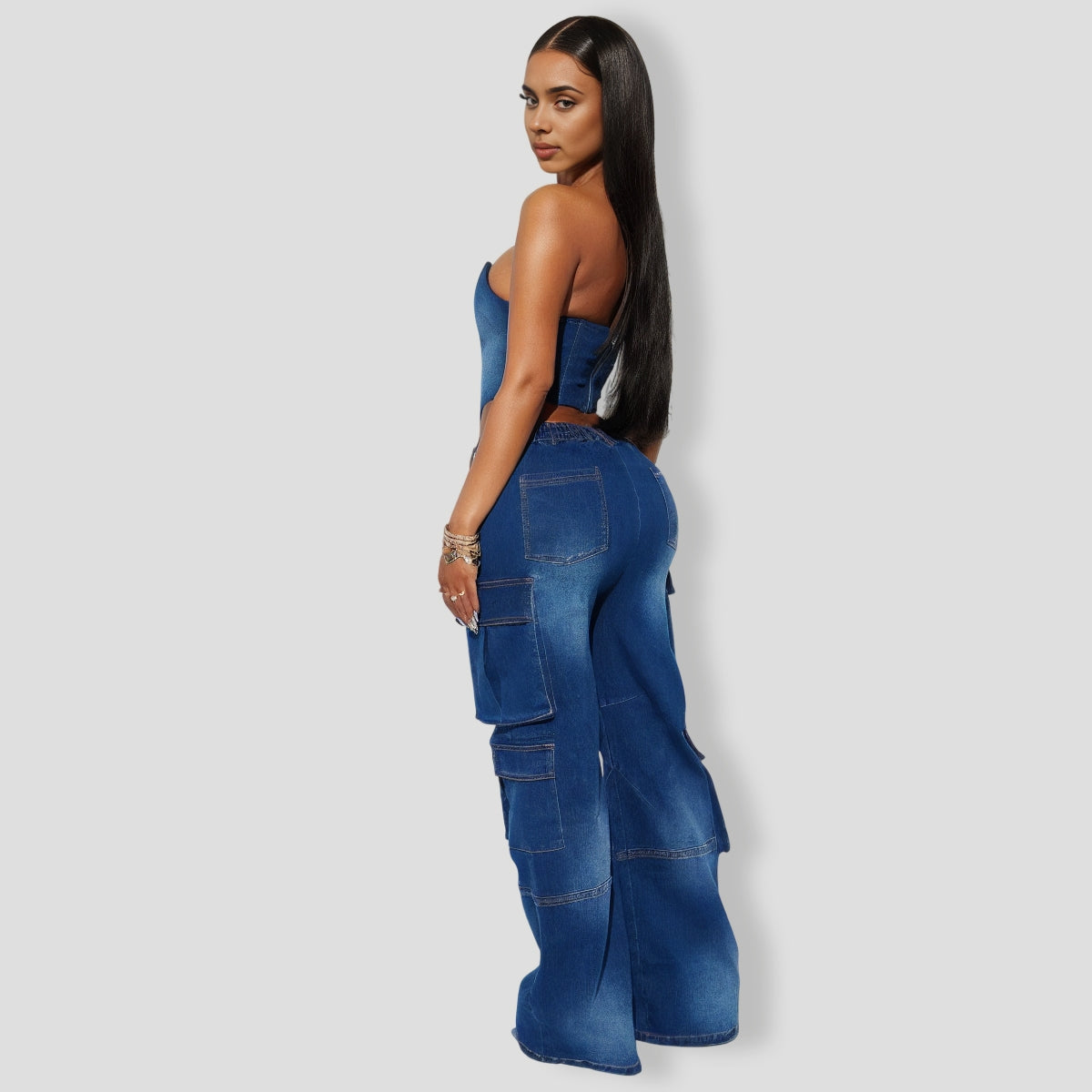 Estefania Denim Cargo Pant Set - Dark Wash