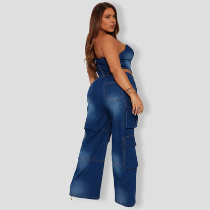 Estefania Denim Cargo Pant Set - Dark Wash