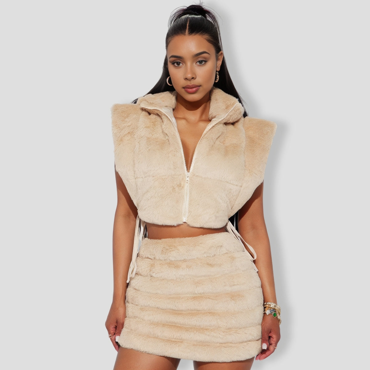 Everything I Want Faux Fur Skirt Set - Taupe