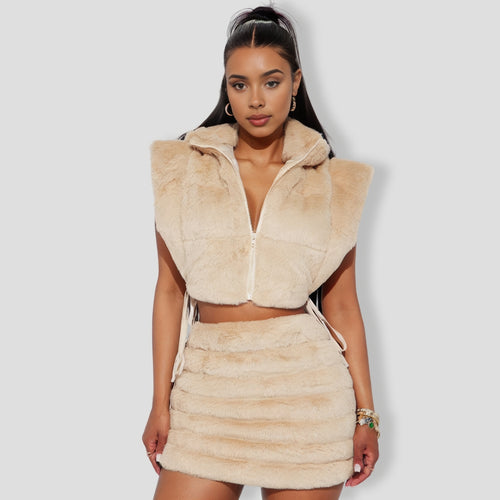Everything I Want Faux Fur Skirt Set - Taupe