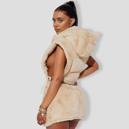 Everything I Want Faux Fur Skirt Set - Taupe