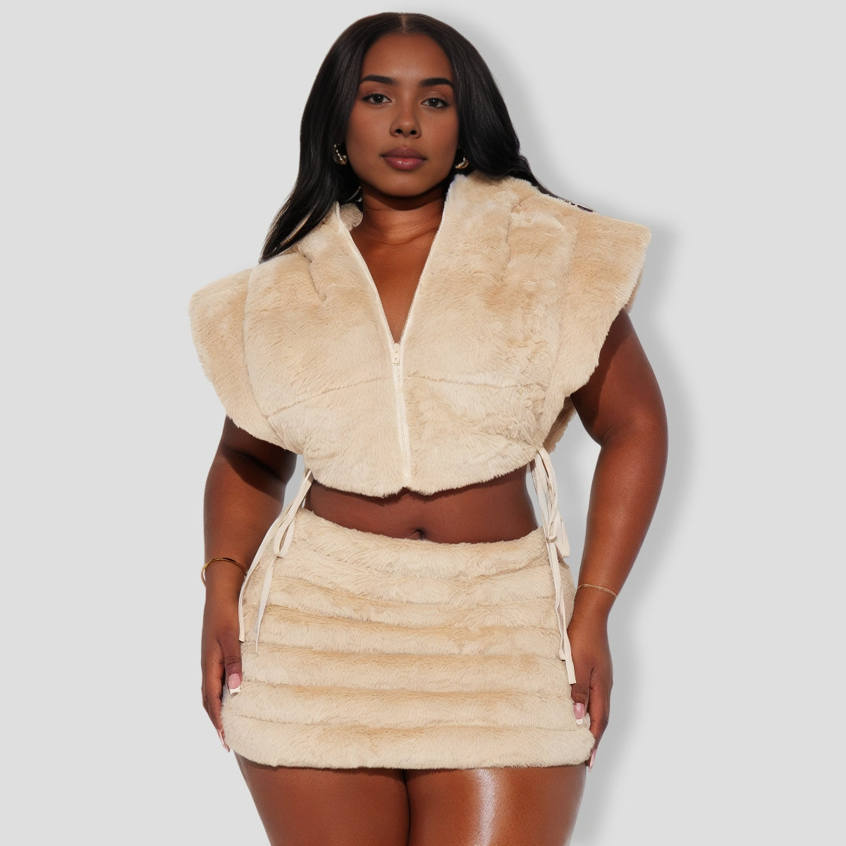 Everything I Want Faux Fur Skirt Set - Taupe