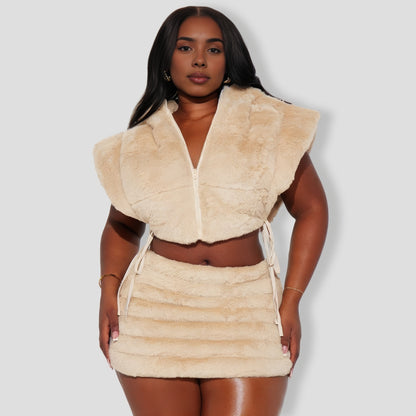 Everything I Want Faux Fur Skirt Set - Taupe