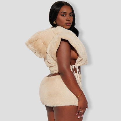 Everything I Want Faux Fur Skirt Set - Taupe