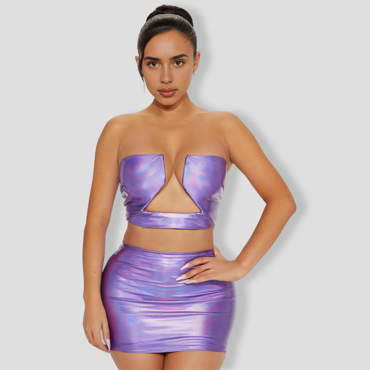 Fabiana Metallic Skirt Set - Purple combo