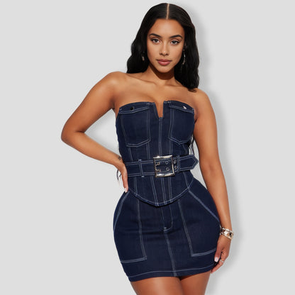 Feeling Perfect Denim Skirt Set - Dark Denim