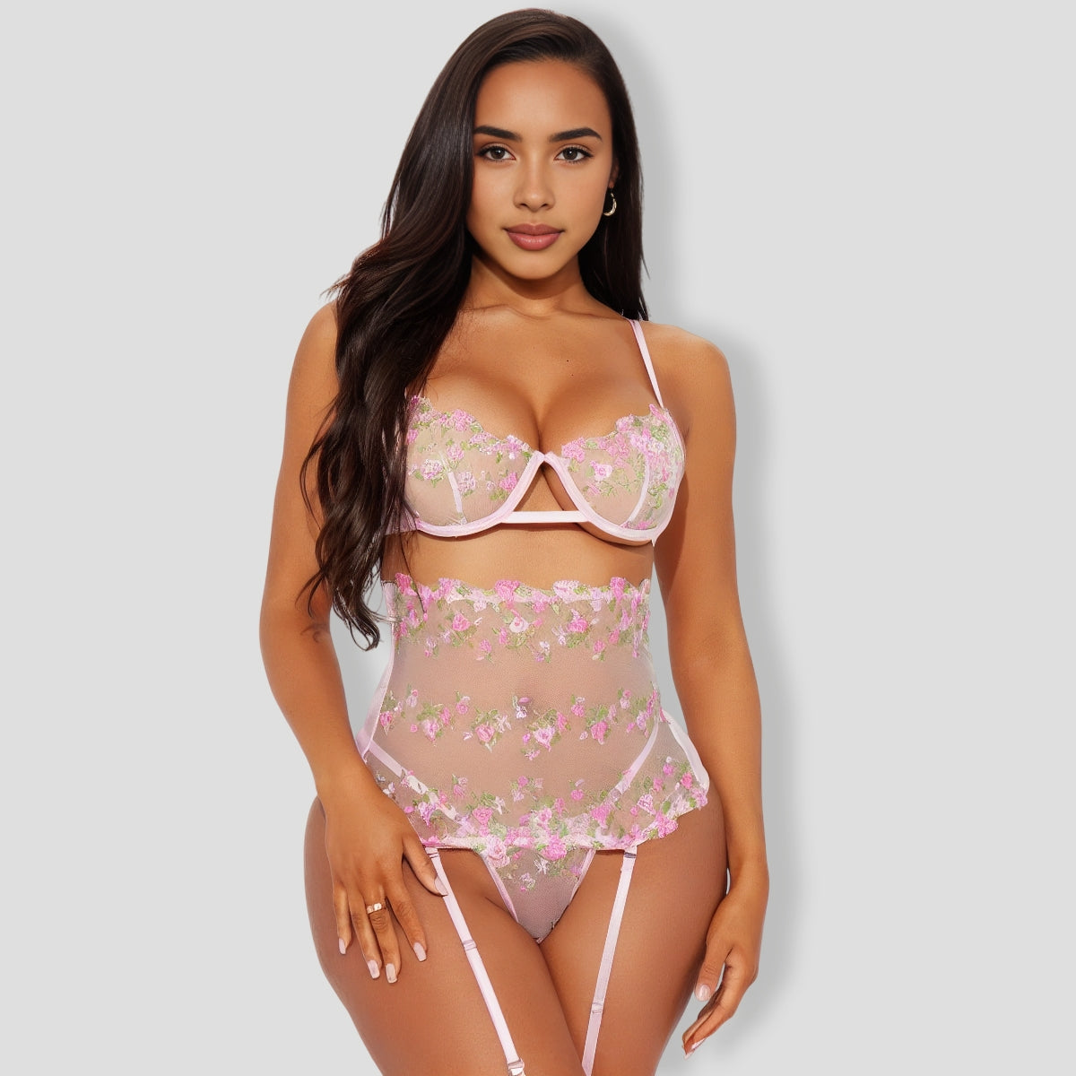 Flower Essence Embroidered 3 Piece Pink Garter Set