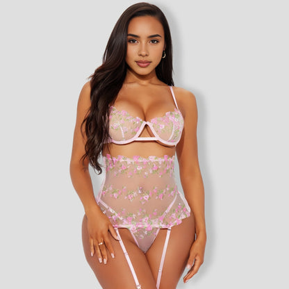 Flower Essence Embroidered 3 Piece Pink Garter Set