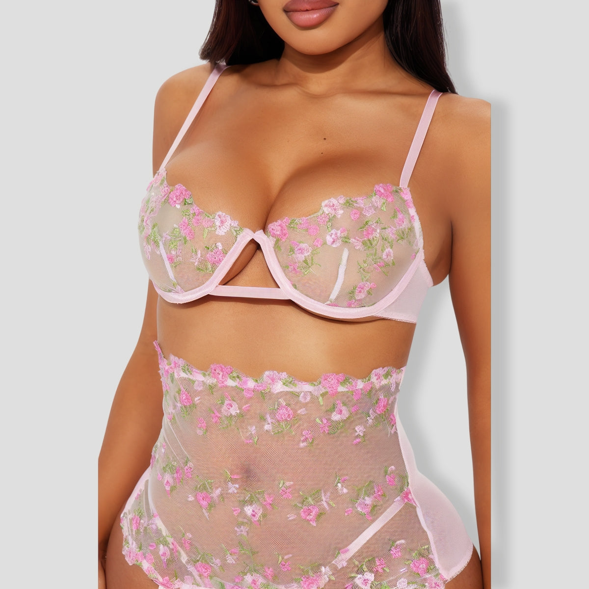 Flower Essence Embroidered 3 Piece Pink Garter Set