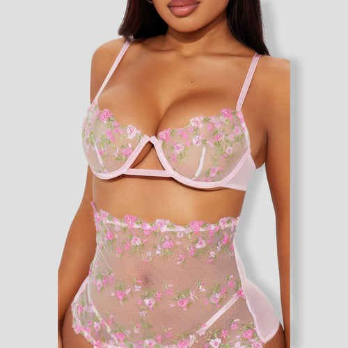Flower Essence Embroidered 3 Piece Pink Garter Set