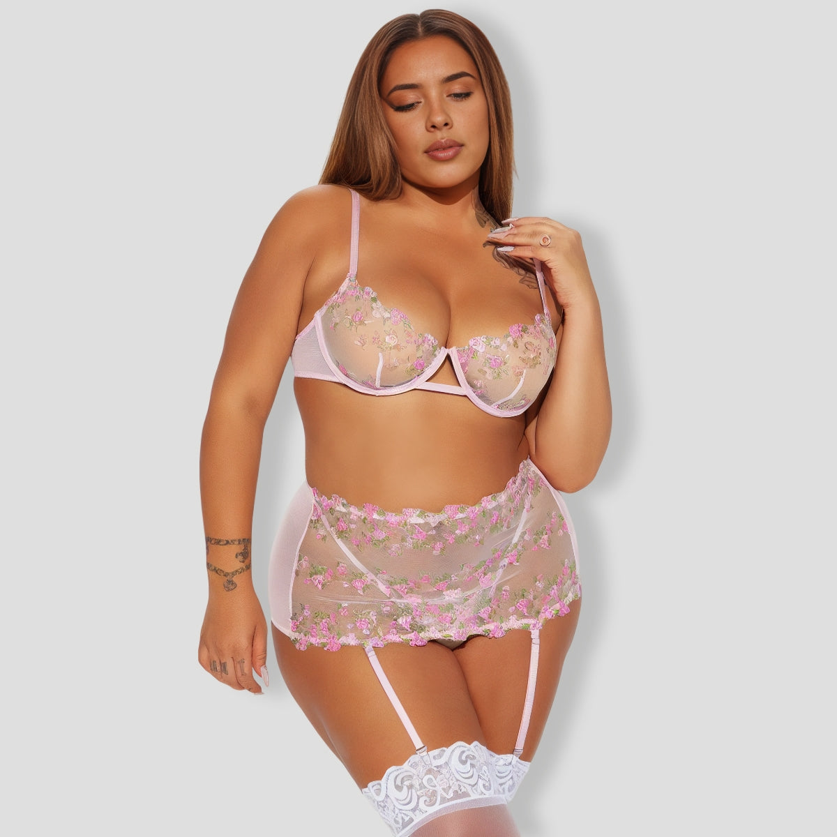 Flower Essence Embroidered 3 Piece Pink Garter Set