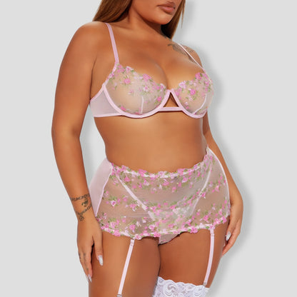 Flower Essence Embroidered 3 Piece Pink Garter Set