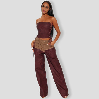 Giddy Up Faux Leather Pant Set - Burgundy combo