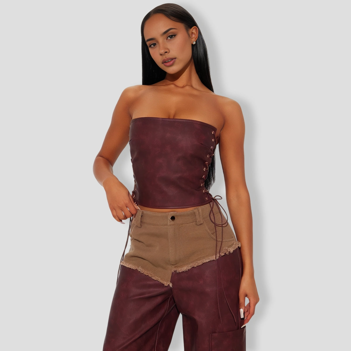 Giddy Up Faux Leather Pant Set - Burgundy combo