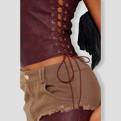 Giddy Up Faux Leather Pant Set - Burgundy combo