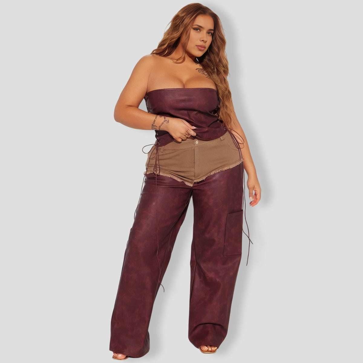Giddy Up Faux Leather Pant Set - Burgundy combo
