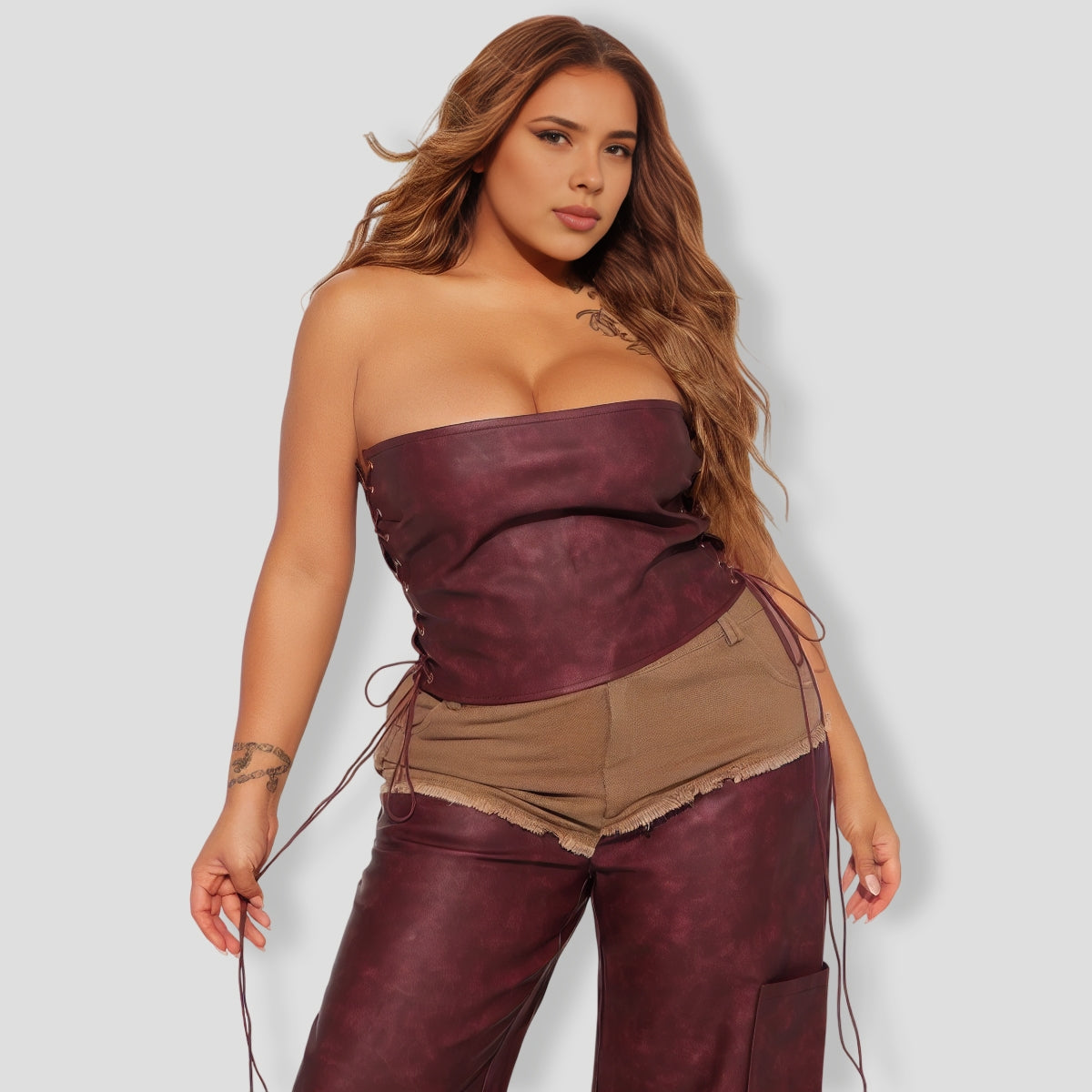 Giddy Up Faux Leather Pant Set - Burgundy combo