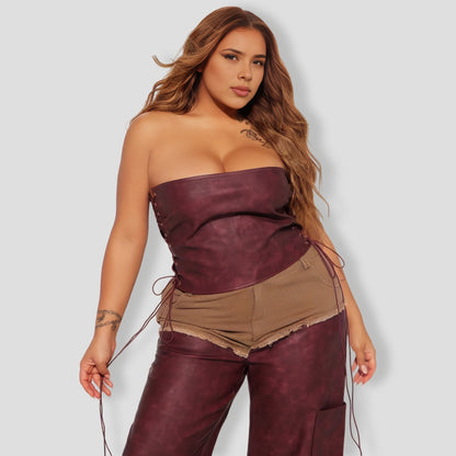 Giddy Up Faux Leather Pant Set - Burgundy combo