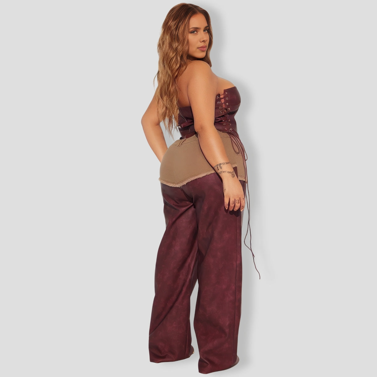 Giddy Up Faux Leather Pant Set - Burgundy combo