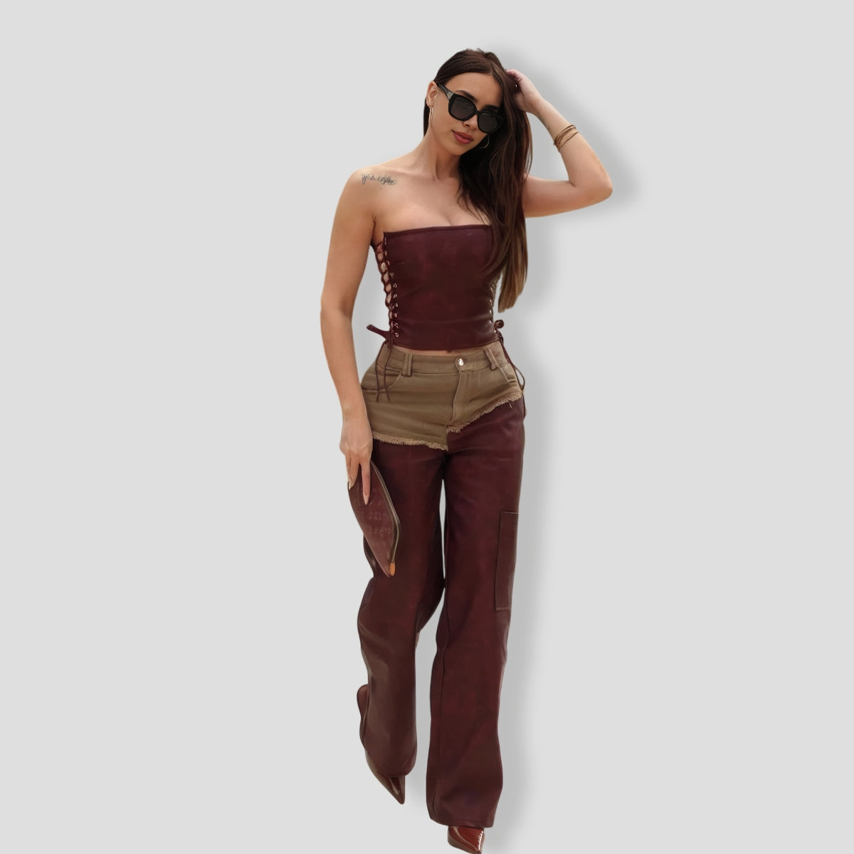Giddy Up Faux Leather Pant Set - Burgundy combo