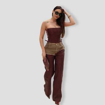 Giddy Up Faux Leather Pant Set - Burgundy combo