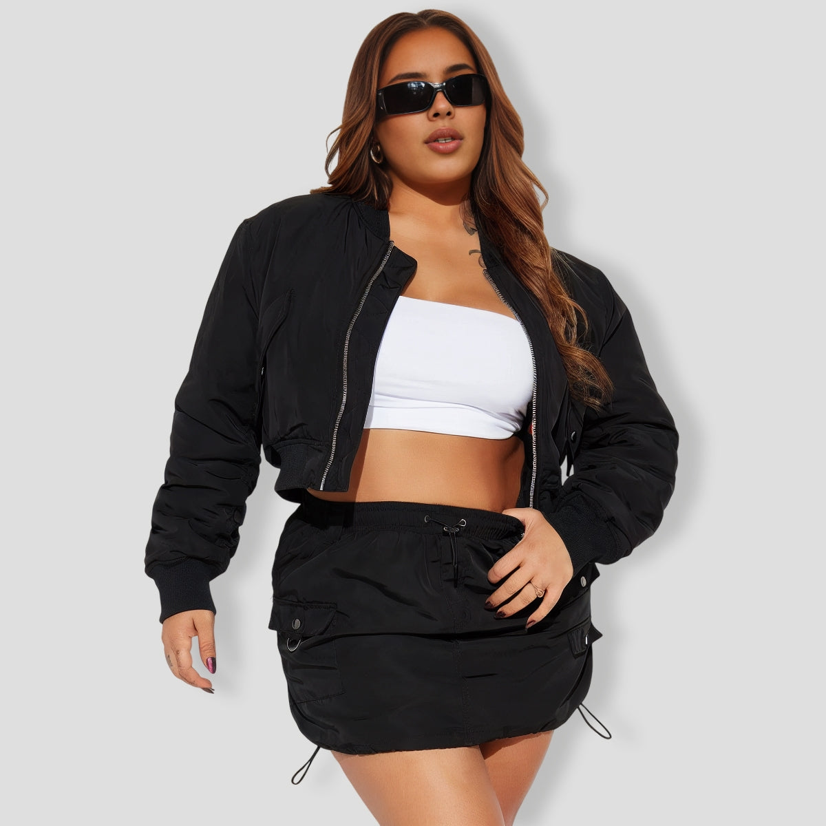 Got To Get Away Bomber Skirt Set - Black