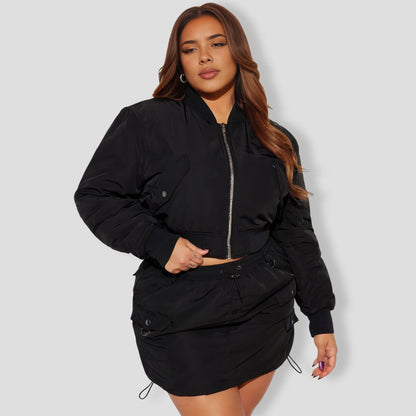 Got To Get Away Bomber Skirt Set - Black