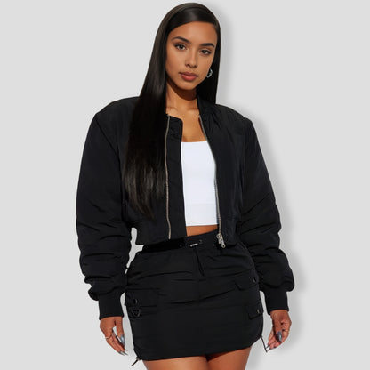 Got To Get Away Bomber Skirt Set - Black