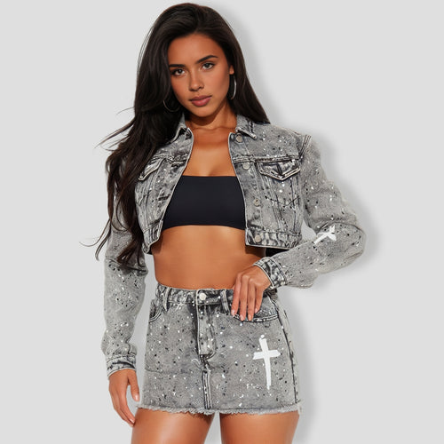 Graffiti Girl Denim Skirt Set - Grey