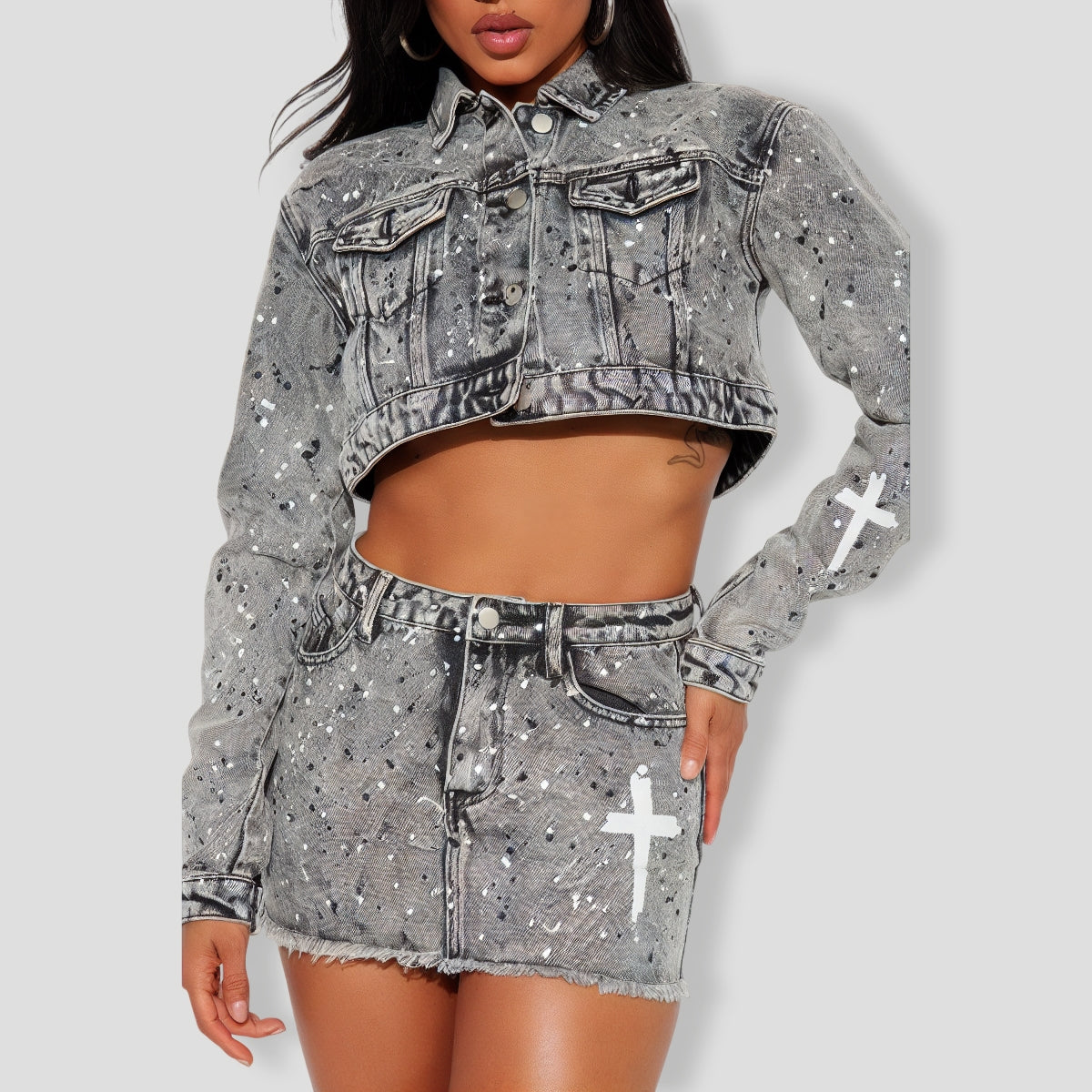 Graffiti Girl Denim Skirt Set - Grey