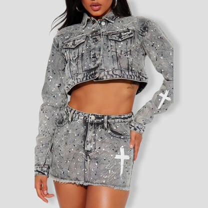 Graffiti Girl Denim Skirt Set - Grey
