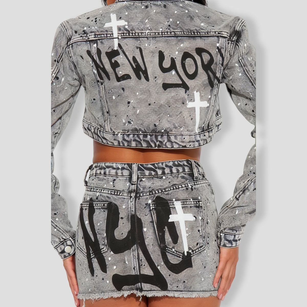 Graffiti Girl Denim Skirt Set - Grey