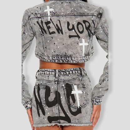 Graffiti Girl Denim Skirt Set - Grey
